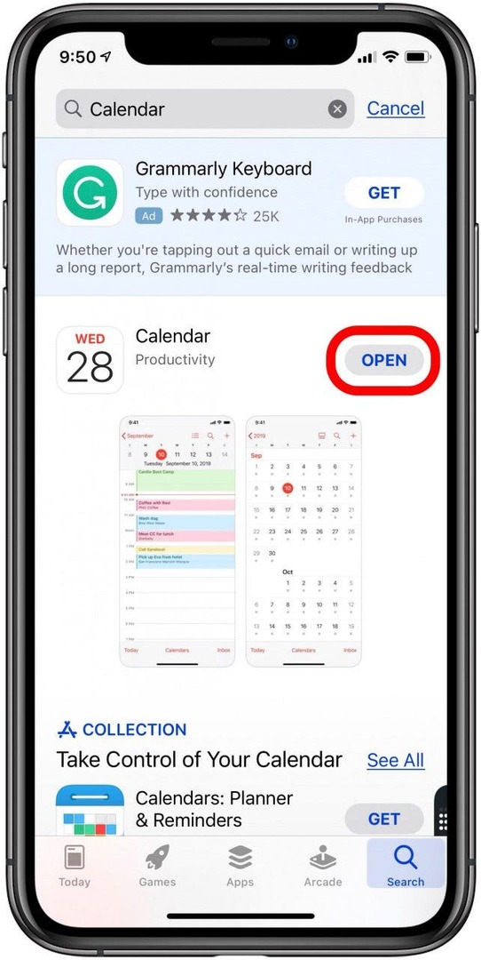 atingeți deschide pentru a deschide aplicația calendar