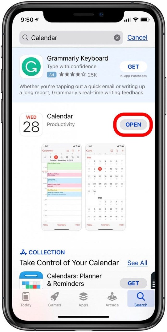 appuyez sur ouvrir pour ouvrir l'application de calendrier