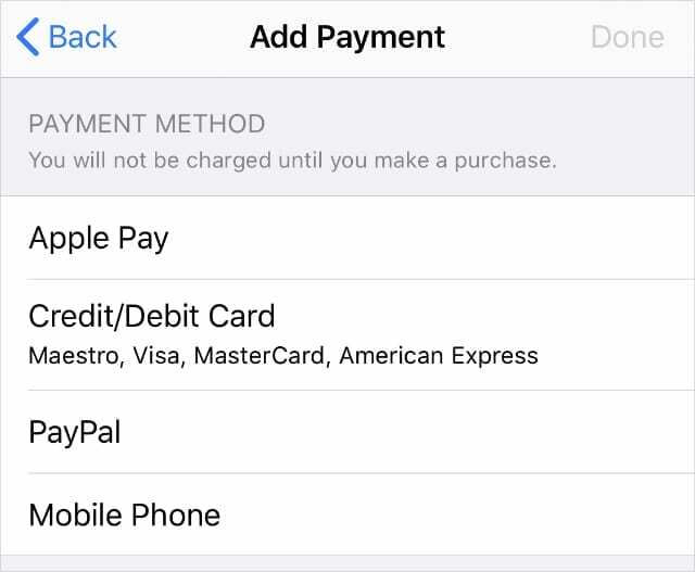 Opzioni del metodo di pagamento nelle impostazioni dell'ID Apple