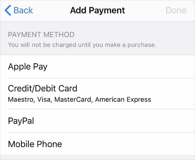 Opciones de método de pago en la configuración de ID de Apple