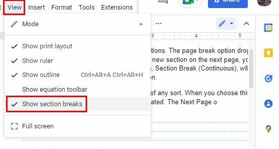 Google Docs Mostrar quebras de seção