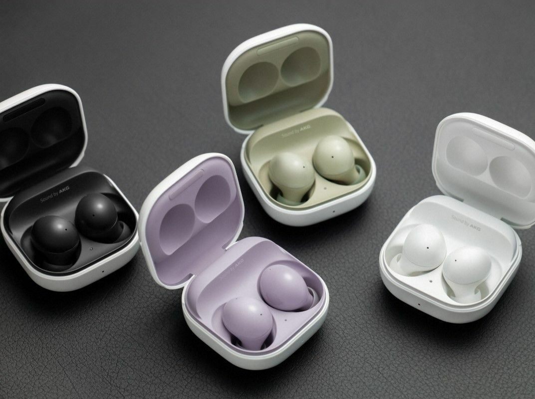 Samsung Galaxy Buds 2 w kolorach Graphite Black, Lavender Purple, Olive Green i White, trzymane otwarte w etui