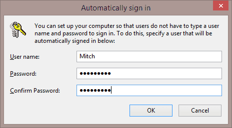 Windows 8 Dialog pro automatické přihlášení