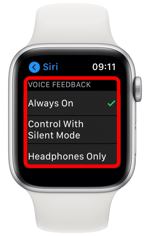 Under Röståterkoppling kan du välja om du vill att Siri alltid ska vara på, styra med tyst läge eller endast hörlurar. 