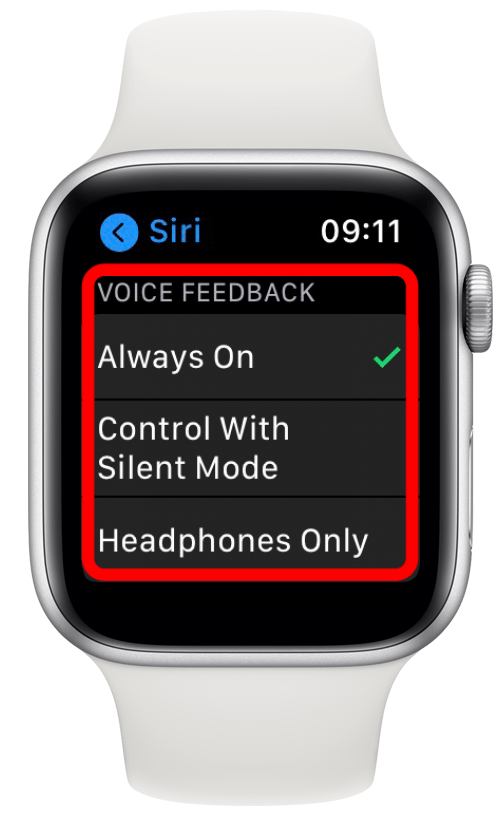 Sous Commentaires vocaux, vous pouvez choisir si vous souhaitez que Siri soit toujours activé, qu'il soit contrôlé en mode silencieux ou que le casque soit uniquement. 