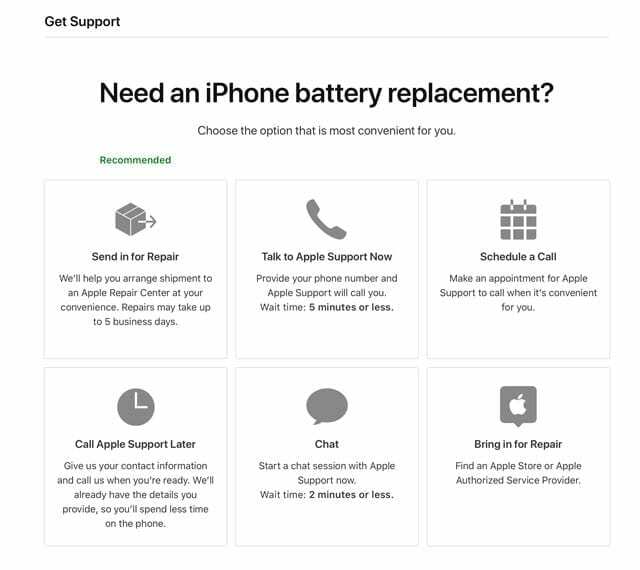 web stranica za podršku baterijama za Apple iPhone