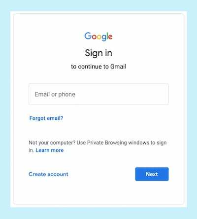 „Google Gmail“ svetainės prisijungimo puslapio ekrano kopija