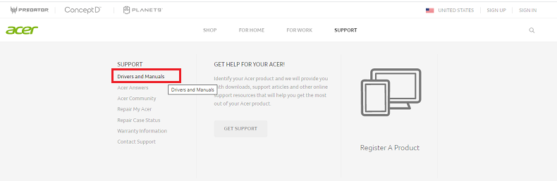 ไดรเวอร์และคู่มือจาก acer support