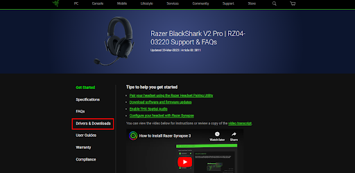 щракнете върху драйвер и изтегляния в официалния сайт на Razer