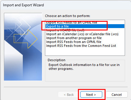 Izbira Izvozi v datoteko v čarovniku za uvoz in izvoz Outlooka