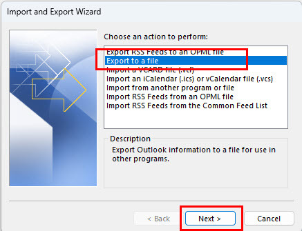 Selecionando Exportar para um arquivo no Assistente de Importação e Exportação do Outlook