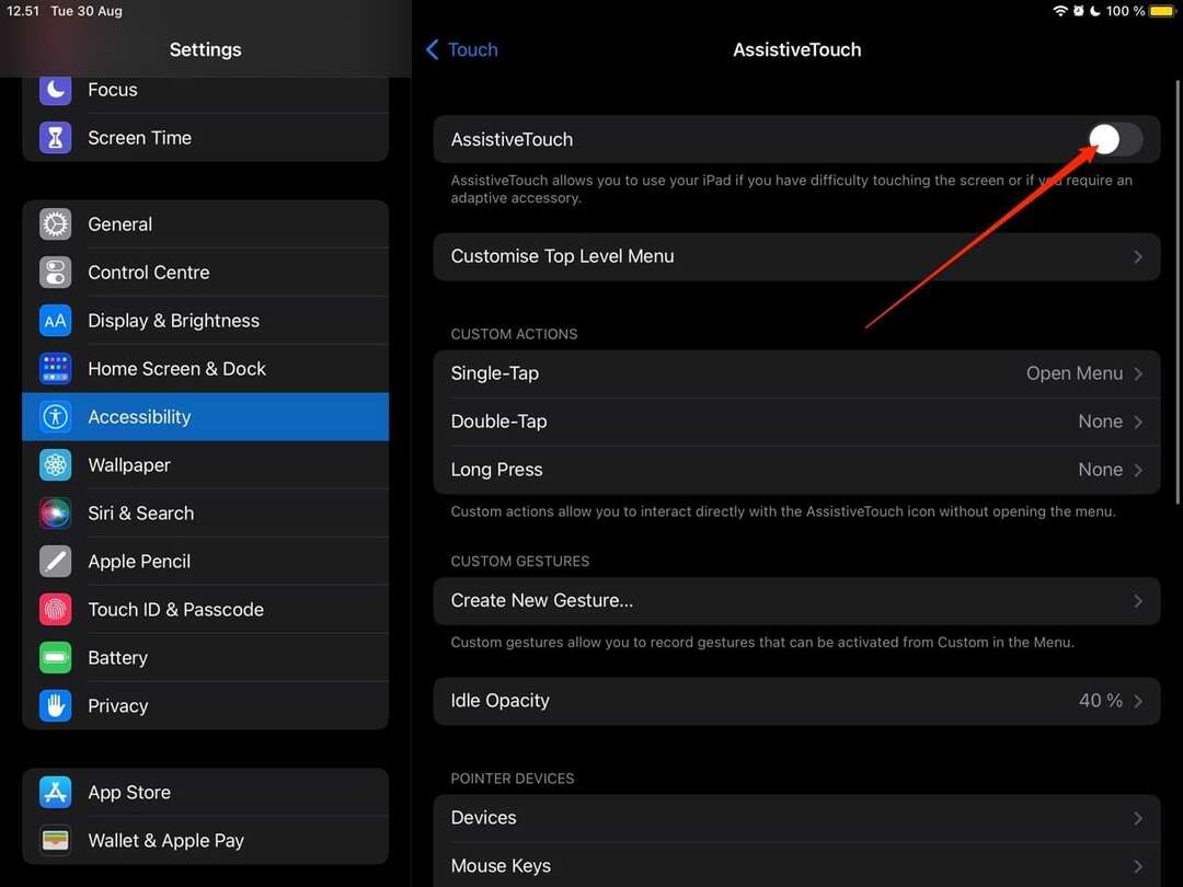 Näyttökaappaus, joka näyttää kuinka AssistiveTouch-ominaisuus otetaan käyttöön iPadissa