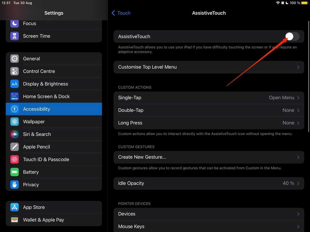 სკრინშოტი აჩვენებს, თუ როგორ უნდა ჩართოთ AssistiveTouch ფუნქცია iPad-ზე