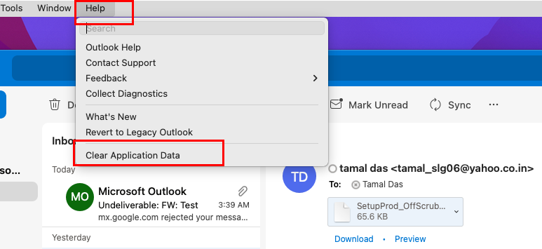 Outlook에서 애플리케이션 데이터 지우기