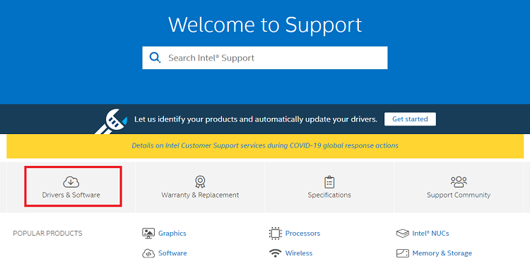 vælg drivere og software på Intels websted