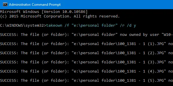 कमांड-लाइन takeown.exe का उपयोग करके स्वामित्व प्राप्त करें