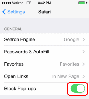 Safari iOS-i hüpikakna seadistus