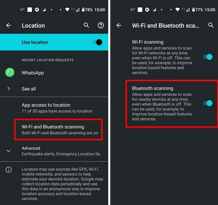 Možnosť skenovania Bluetooth v nastaveniach systému Android