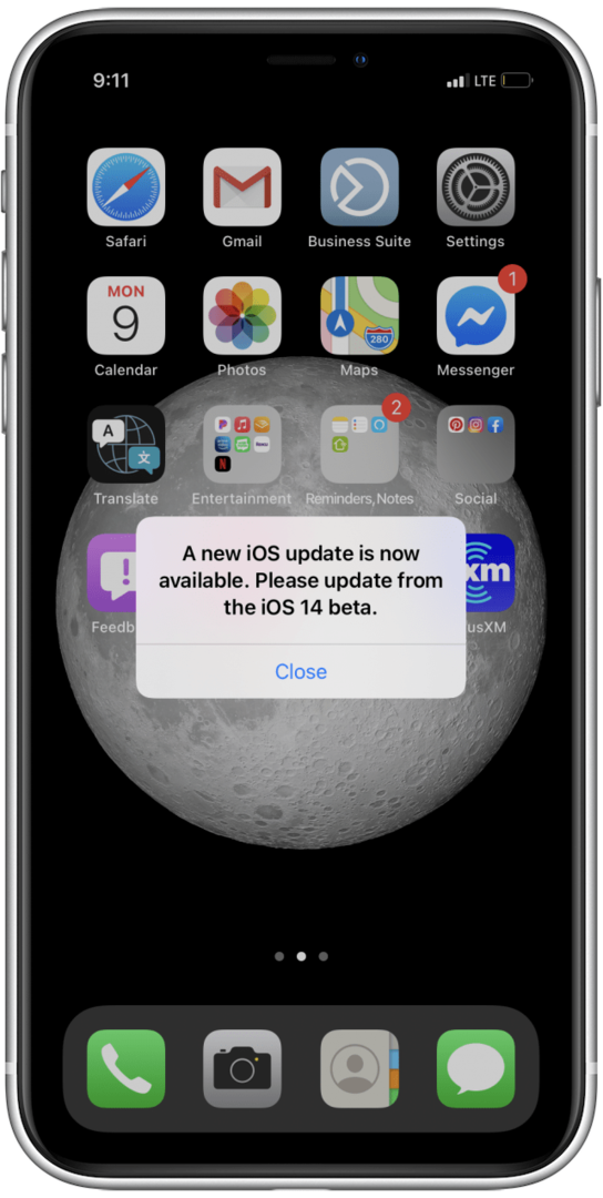 Vyskakovací chybová zpráva aktualizace beta verze iOS 14