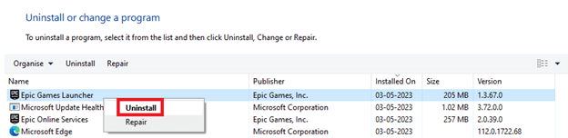 Haga clic derecho en Epic Games Launcher y luego Desinstalar