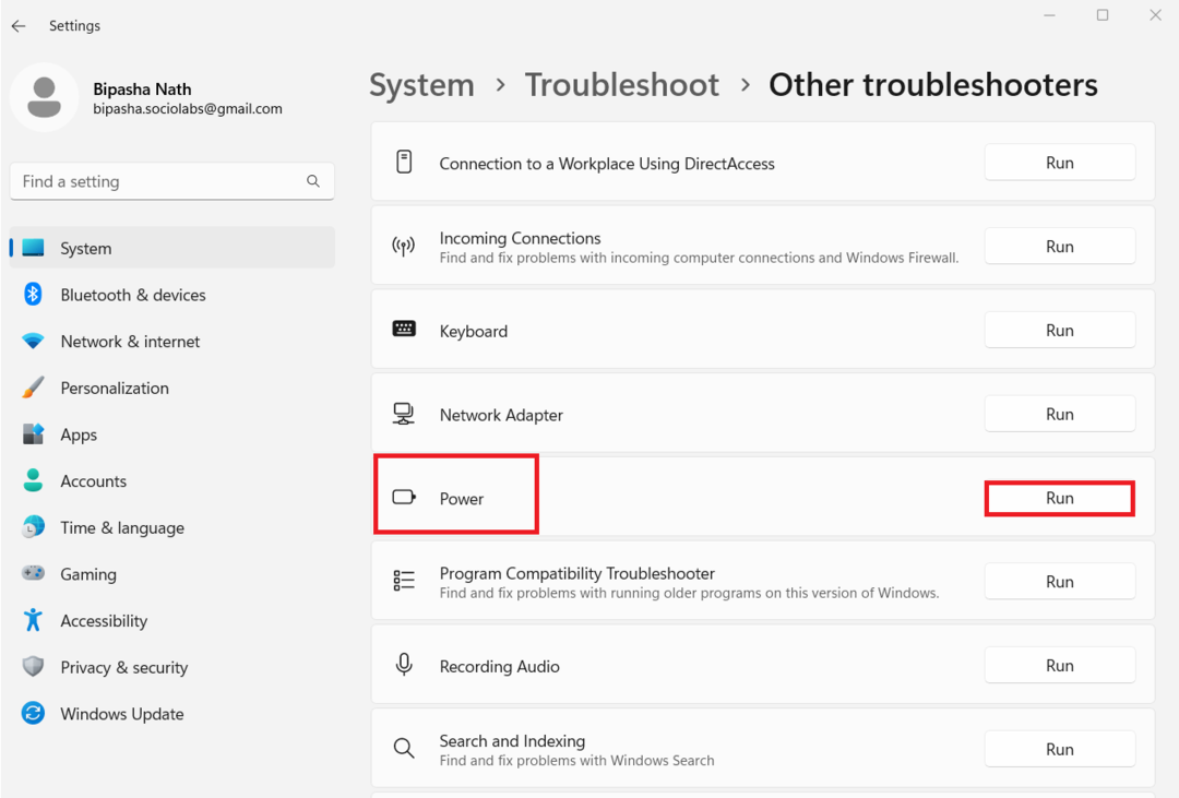 Ejecute la solución de problemas de energía para solucionar el problema de que la PC con Windows 11 no pasa al modo de suspensión