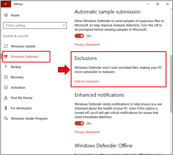 Ausschluss unter Windows Defender-Einstellung