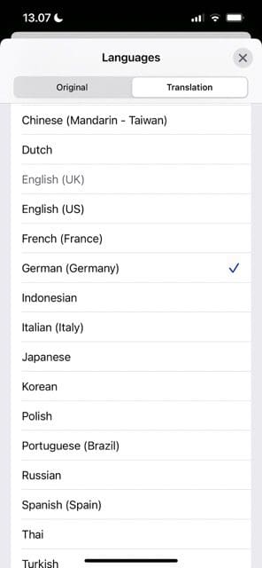 Captura de tela mostrando a lista de idiomas na guia Tradução no Safari