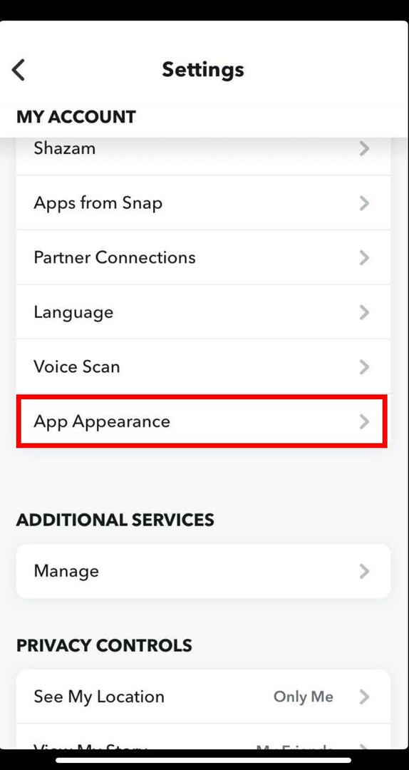 स्नैपचैट की सेटिंग स्क्रीन पर ऐप अपीयरेंस चुनें