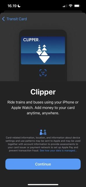 Снимок экрана с окном Transit Card в Apple Wallet