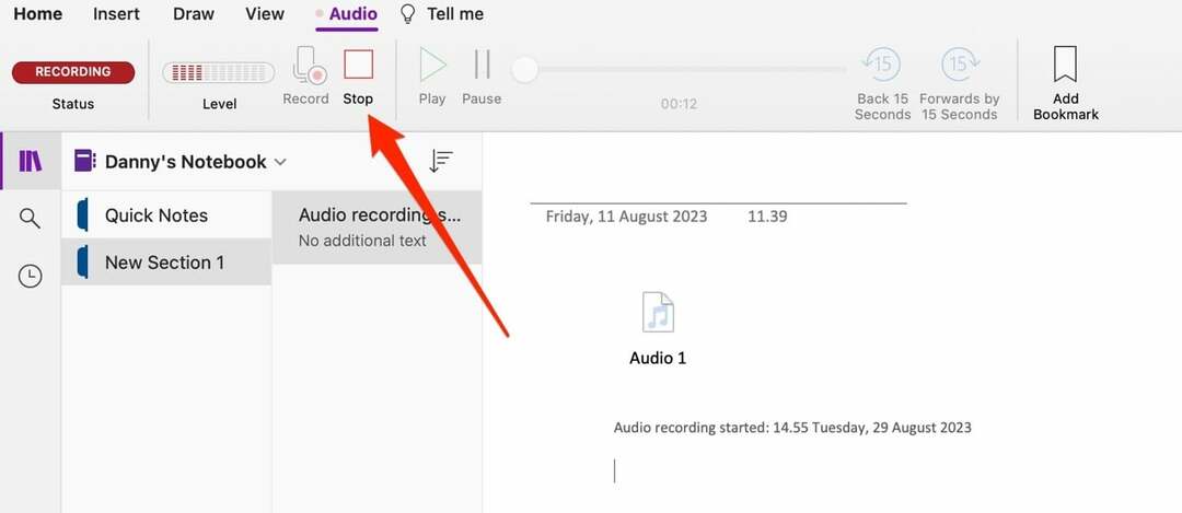 Detener la grabación de audio en OneNote Captura de pantalla