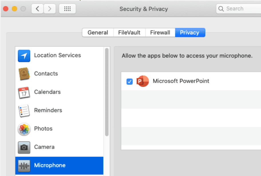 Powerpoint pre prístup k mikrofónu Mac