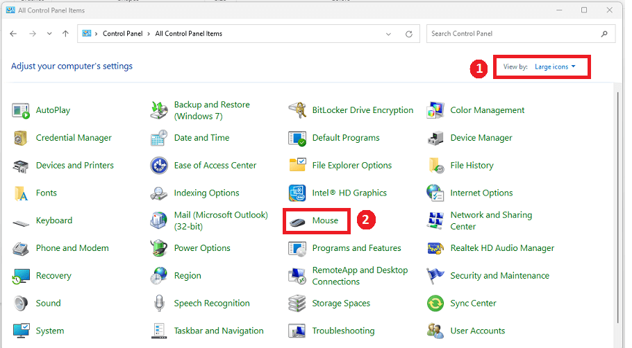 Kontrollpanelen - Stora ikoner och klicka sedan på Mus