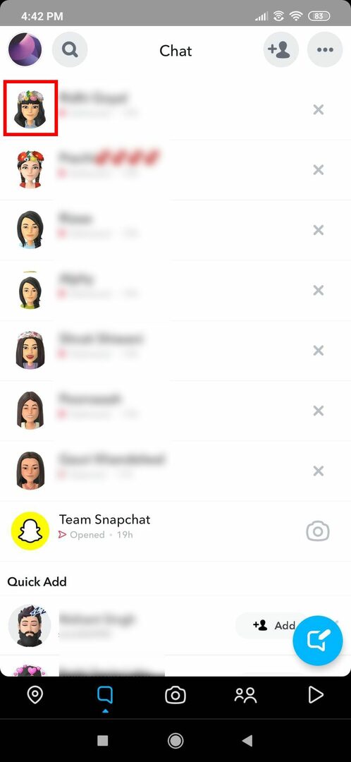 Snapchatin chat-sivu