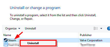 स्टीम ढूंढें और अनइंस्टॉल करने के लिए उस पर राइट क्लिक करें