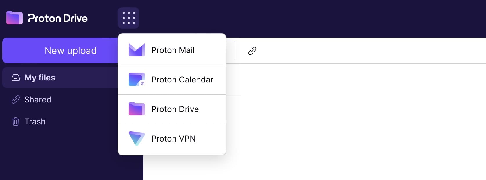Näyttökaappaus, jossa näkyy muita Proton-sovelluksia Proton Drive for Macissa