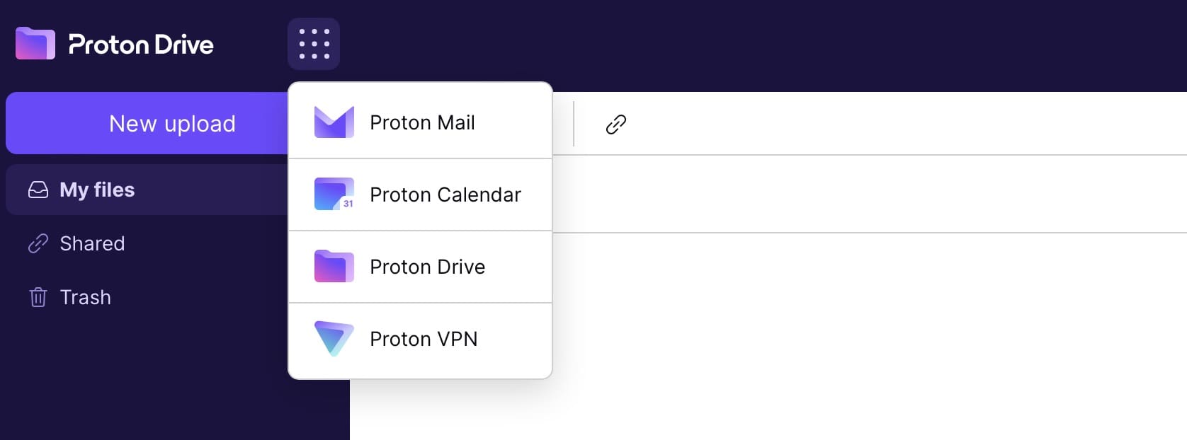 Cuplikan layar menampilkan aplikasi Proton lainnya di Proton Drive untuk Mac