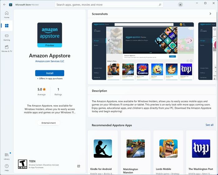 Amazon Appstore'u arayın ve yüklemeye tıklayın