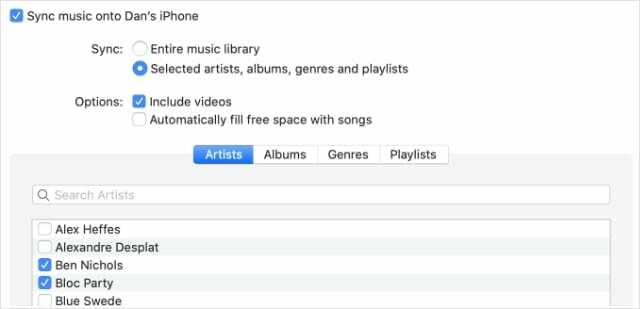 אפשרויות סנכרון מוזיקה לאייפון ב-Finder