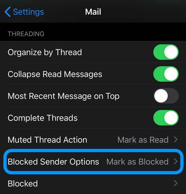 opțiunile de expeditor blocate în aplicația Mail iOS 13 și iPadOS