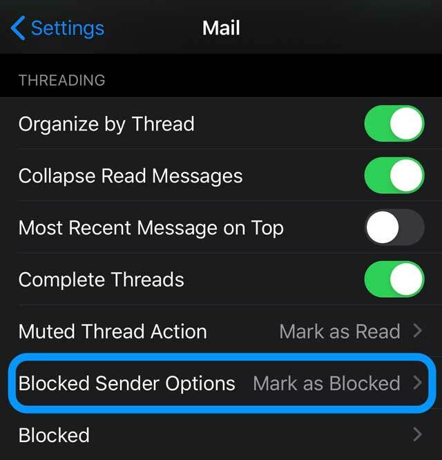 ตัวเลือกผู้ส่งที่ถูกบล็อกในแอพ Mail iOS 13 และ iPadOS