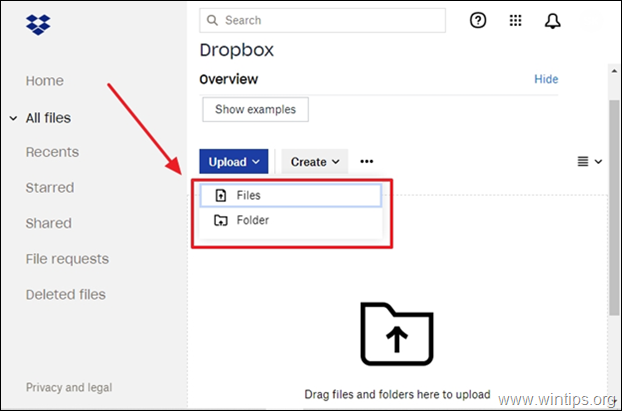 Dropbox für Dateien hochladen