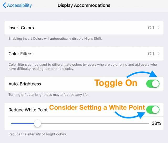 iPad에서 자동 밝기 및 화이트 포인트 감소