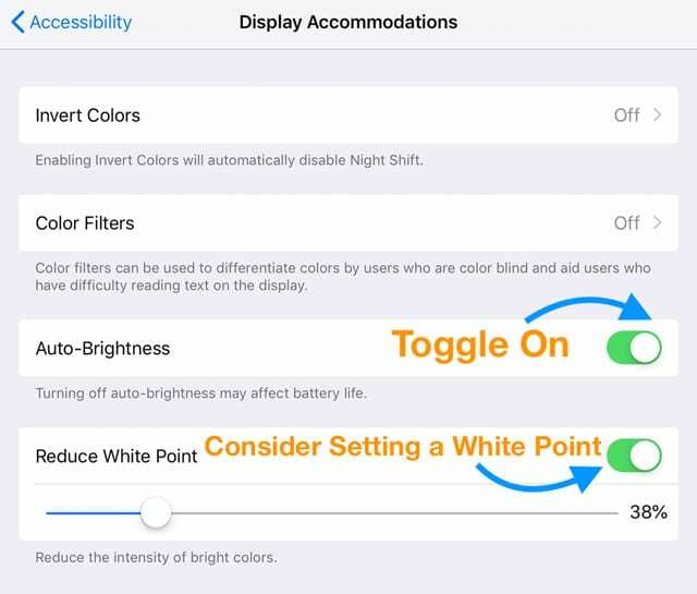iPad पर ऑटो-ब्राइटनेस और व्हाइट पॉइंट कम करें