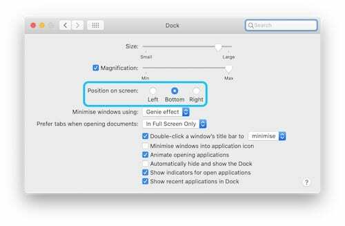 Captura de tela das Preferências do Sistema destacando as opções de posição do Dock