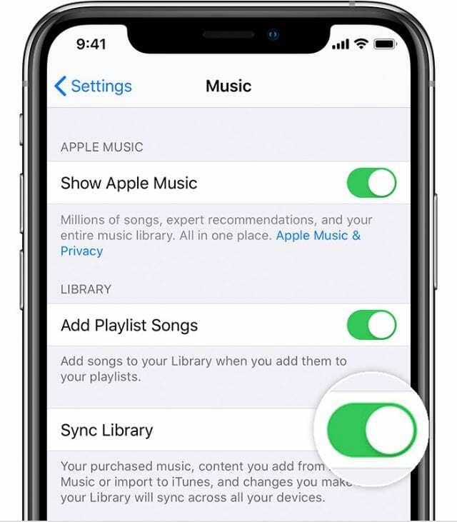 Apple Music Sync Library suvand menüüs Seaded