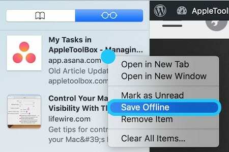 Snímka obrazovky zoznamu čítaní pre macOS so zvýrazneným tlačidlom Uložiť offline