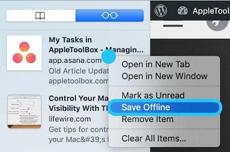 Tangkapan layar Daftar Bacaan macOS yang menyoroti Tombol Simpan Offline