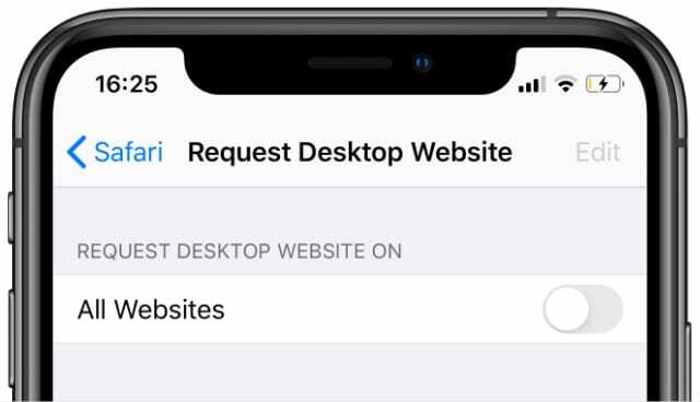 طلب خيار موقع سطح المكتب في إعدادات Safari على iPhone