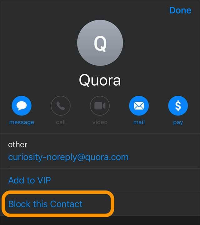 zablokovať túto možnosť kontaktu v aplikácii Mail