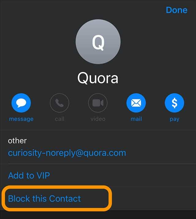 บล็อกตัวเลือกการติดต่อนี้ในแอป Mail